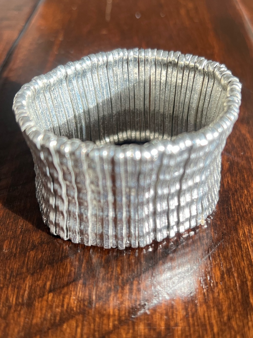 Silver Tone Wide Stretch Textured Ribbed Statement Bracelet